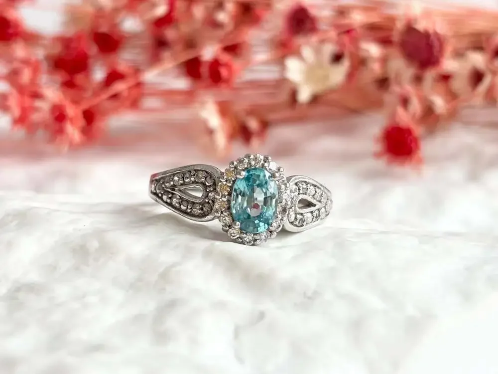 Blue Topaz Halo Style Open Shank Multi Gemstone Sterling Silver 925 Vintage Ring